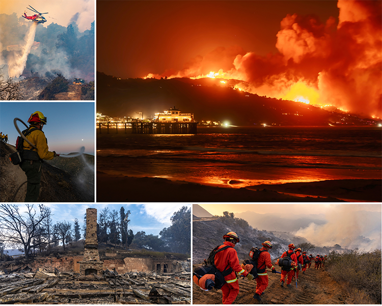 Images of firefighting efforts during the LA firestorm in January 2025. Bottom left: Will Rogers’ former home was severely damaged during the Palisades Fire. Photos from California State Parks.